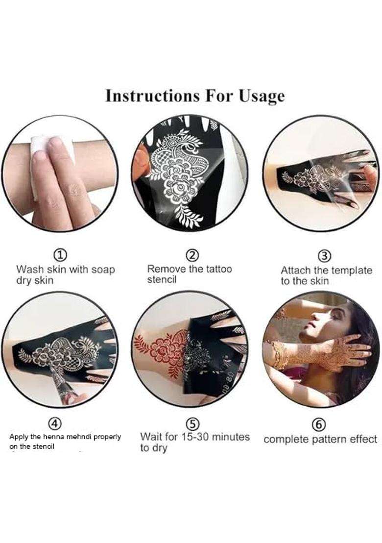 Black Floral Mehndi Stencil Set Reusable Henna Design Templates for Hands Pack of 12 - Indya