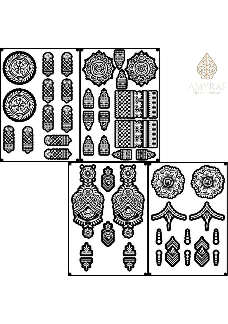 Amyras Black 4 Combo with 2 Henna Cones Included Super Deluxe Mehndi Hand Tattoo Sticker Pack - Indya