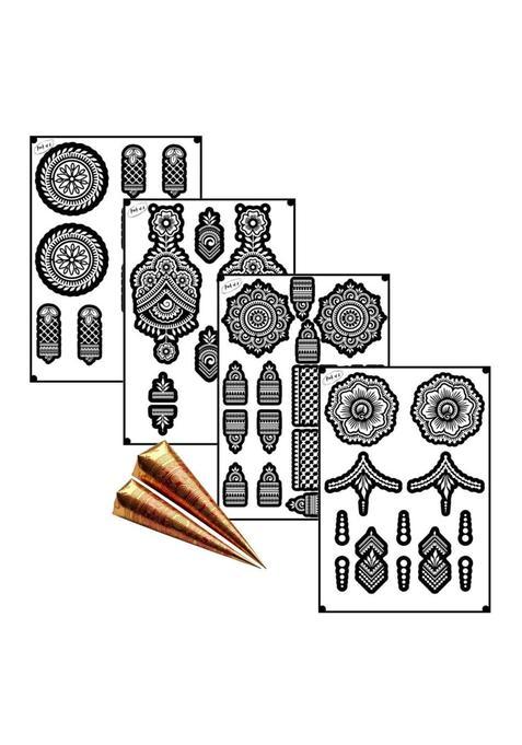 Amyras Black 4 Combo with 2 Henna Cones Included Super Deluxe Mehndi Hand Tattoo Sticker Pack