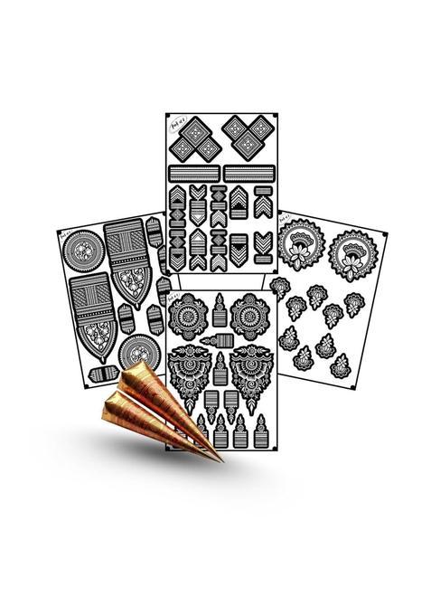 Amyras Black 4 Combo with 2 Henna Cones Included Super Deluxe Mehndi Hand Tattoo Sticker Pack