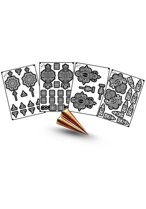 Amyras Black 4 Combo with 2 Henna Cones Included Super Deluxe Mehndi Hand Tattoo Stickers