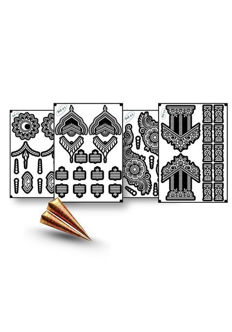 Amyras Black 4 Combo with 2 Henna Cones Included Super Deluxe Mehndi Hand Tattoo Sticker Pack Long Lasting