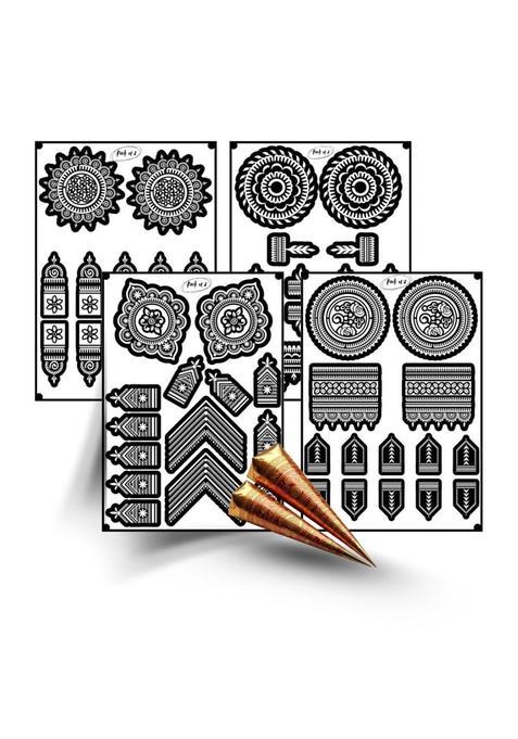 Amyras Black 4 Combo with 2 Henna Cones Included Super Deluxe Mehndi Hand Tattoo Sticker Pack Long Lasting