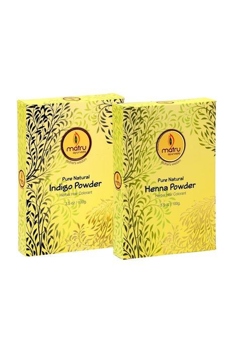 Matru Ayurveda Mehndi Henna 100Gms Plus Indigo 100Gms Powder Ayurvedic Herbal Hair and Beard Dye Color Kit 100