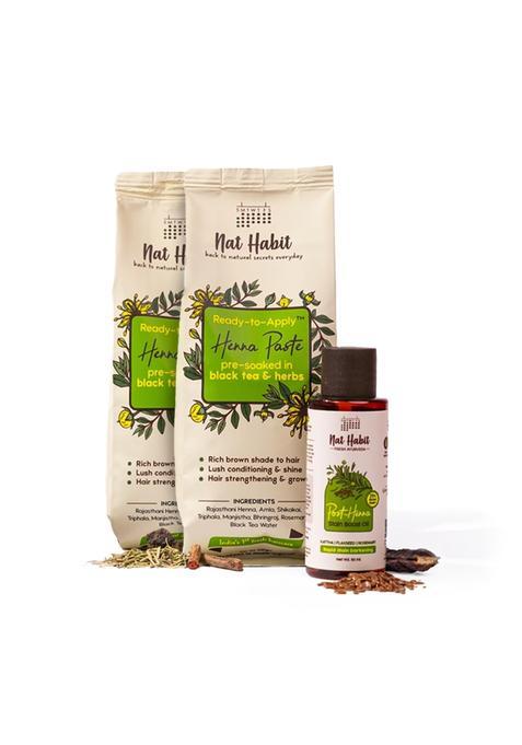 Nat Habit Ready to Apply Henna Paste and Stain Boost Hair Oil Combo for Henna Colouring and Relieving Dryness
