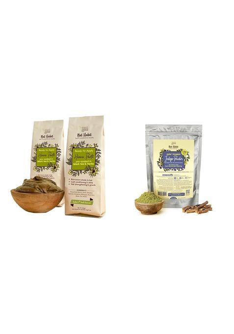 Nat Habit Ready to Apply Fresh Henna Paste and Indigo Powder Combo Pre Soaked in Black Tea and Herbs