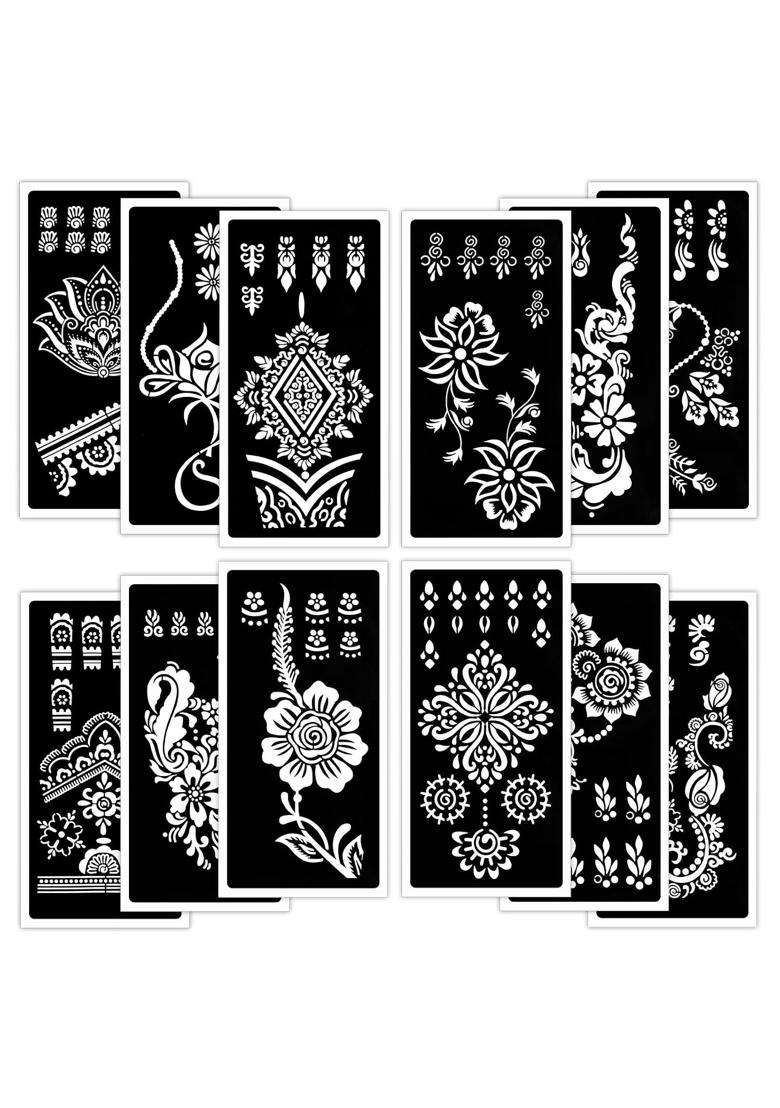 Qpout Tattoo Stencils for Kids and Adults 12 Sheets Henna Kit for Hands Mehndi Real Tattoos and Airbrush - Indya