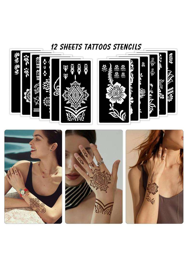 Qpout Tattoo Stencils for Kids and Adults 12 Sheets Henna Kit for Hands Mehndi Real Tattoos and Airbrush - Indya