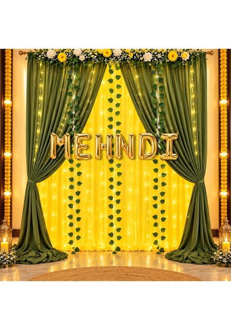 Shimmers Mehndi Decoration Kit 15 Pcs Set Mehndi Foil Banner with Yellow Green Net Curtain
