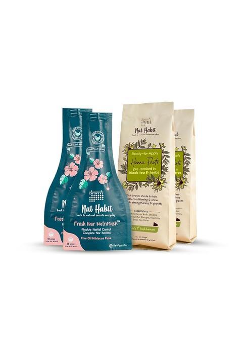 Nat Habit Fresh Ready to Apply Henna Paste and Five Oil Hibiscus Hair Nutrimask Pack of 4