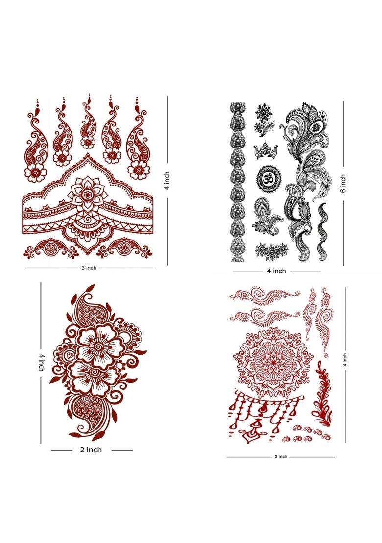Ordershock Multicolor Intricate Lace Henna Temporary Tattoo Combo Intricate and Versatile Body Art Pack of 4 - Indya