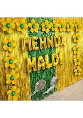 Mehndi Haldi Decoration Kit Yellow Green Gold Foil and Paper Traditional Indian Wedding Theme 46 Pieces