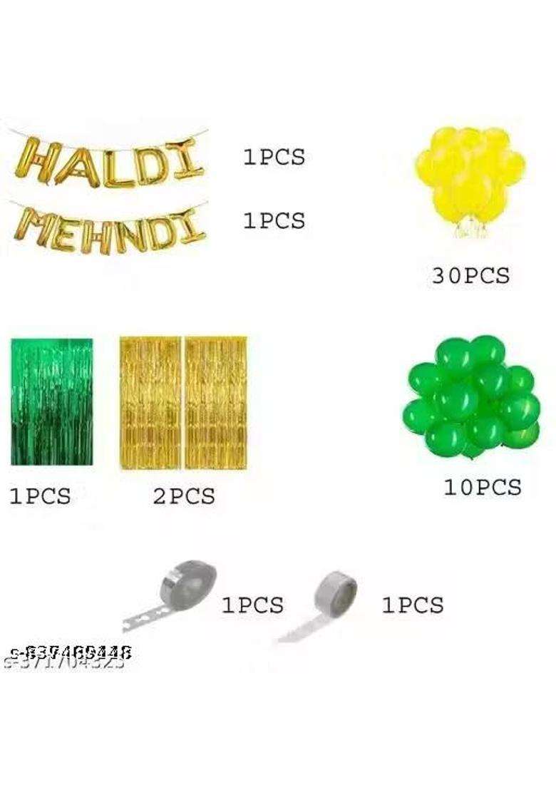 Mehndi Haldi Decoration Kit Yellow Green Gold Foil and Paper Traditional Indian Wedding Theme 46 Pieces - Indya