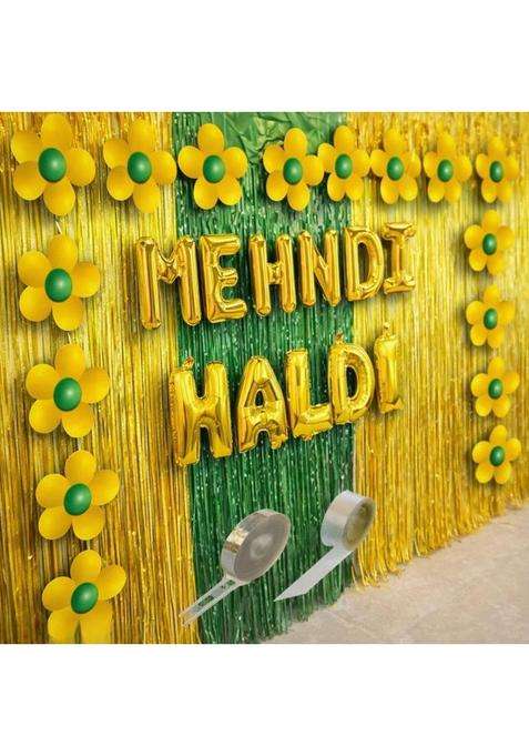 Mehndi Haldi Decoration Kit Yellow Green Gold Foil and Paper Traditional Indian Wedding Theme 46 Pieces