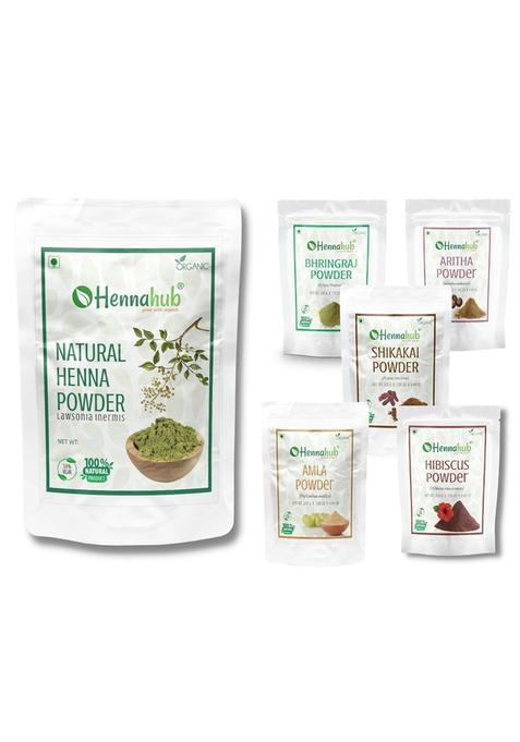 Hennahub Natural Henna 1 KG Plus Amla Reetha Shikakai Bhringraj Hibiscus Powder for Hair 200G Each Pack of 5