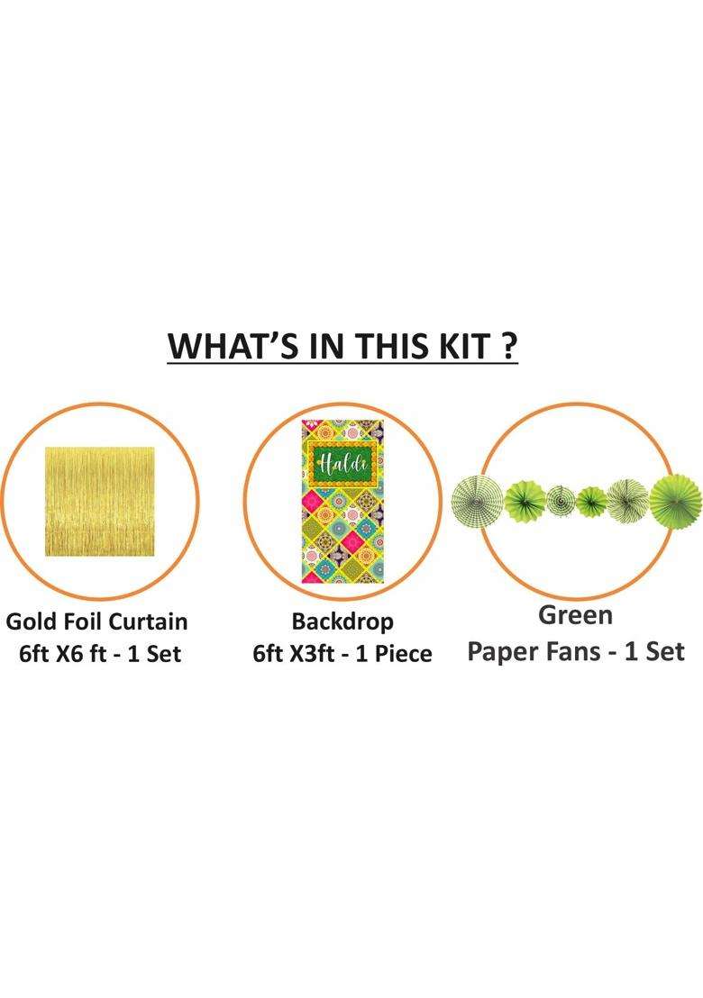 Untumble Haldi and Mehndi Decor Kit Gold Foil Curtains Haldi Banner and Green Fans Set of 9 - Indya