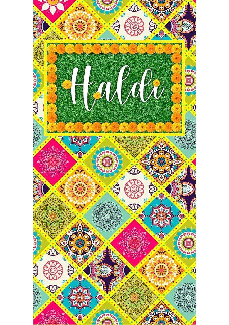 Untumble Haldi and Mehndi Decor Kit Gold Foil Curtains Haldi Banner and Green Fans Set of 9 - Indya