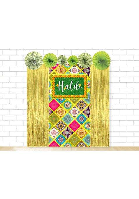 Untumble Haldi and Mehndi Decor Kit Gold Foil Curtains Haldi Banner and Green Fans Set of 9