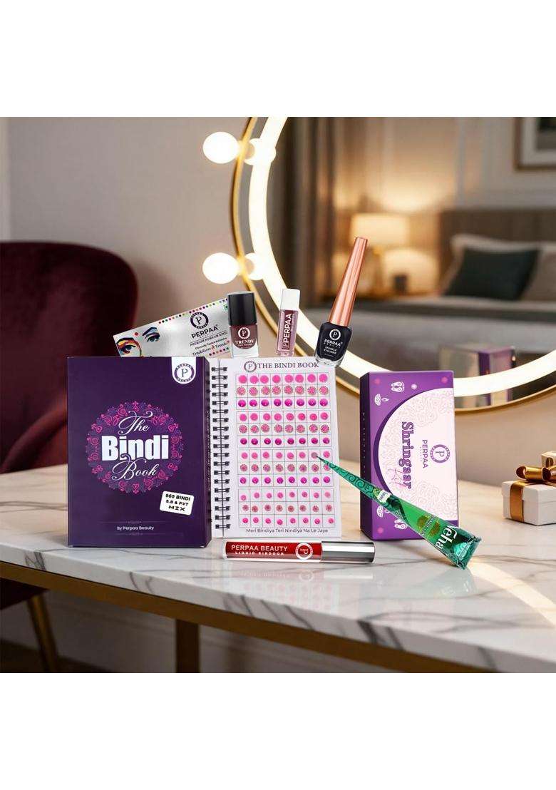 Perpaa Shringaar Kit with Velvet Classic Trio Bindi Book Traditional Makeup and Beauty Combo for Women Sindoor - Indya