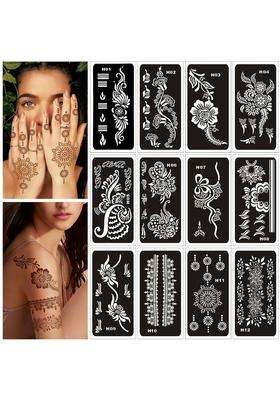 Bulefsea Black Tattoo Stencils for Kids and Adults 12 Sheets Henna Kit for Hands Mehndi Real Tattoos