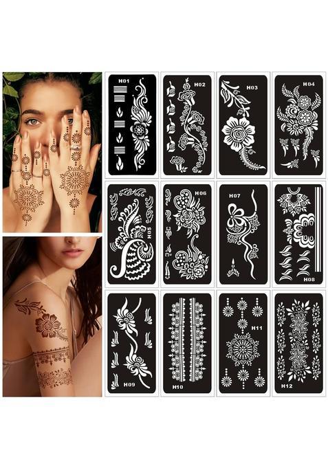 Bulefsea Black Tattoo Stencils for Kids and Adults 12 Sheets Henna Kit for Hands Mehndi Real Tattoos