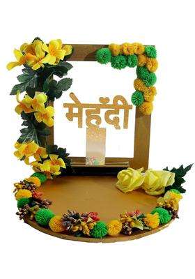 The Bride MADE Yellow Wood Decorative Haldi Mehndi Platter 10X10X8 Inches Handmade for Wedding Celebrations