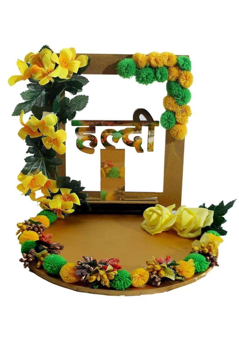 The Bride MADE Yellow Wood Decorative Haldi Mehndi Platter 10X10X8 Inches Handmade for Wedding Celebrations - Indya