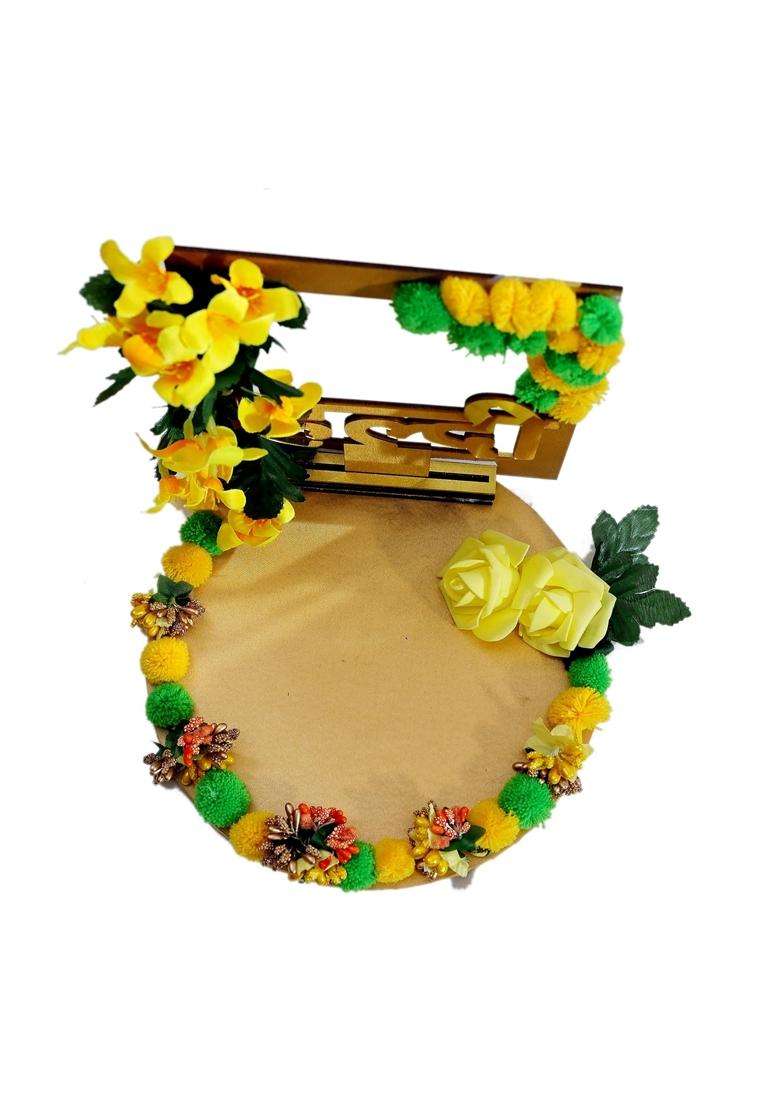 The Bride MADE Yellow Wood Decorative Haldi Mehndi Platter 10X10X8 Inches Handmade for Wedding Celebrations - Indya