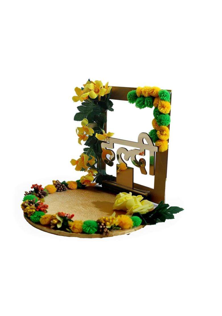 The Bride MADE Yellow Wood Decorative Haldi Mehndi Platter 10X10X8 Inches Handmade for Wedding Celebrations - Indya
