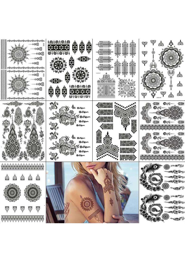Tatmods Multicolor 10 Pcs Henna Tattoo Kit Temporary Tattoo Adul Stickers Lace Pattern Fakewaterproof Henna - Indya