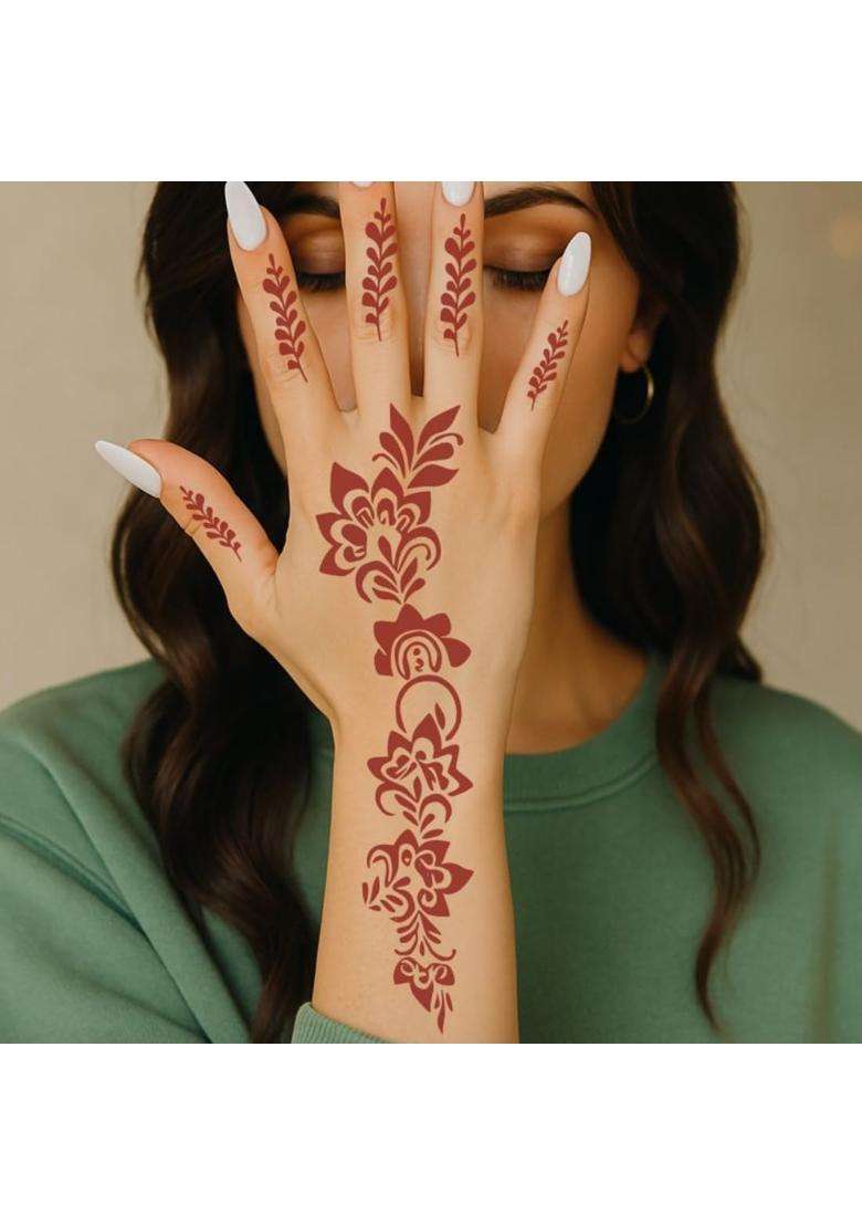 Voorkoms Full Design Combo Mehndi Stencil Sticker Kit with Wrist Palm and Finger - Indya