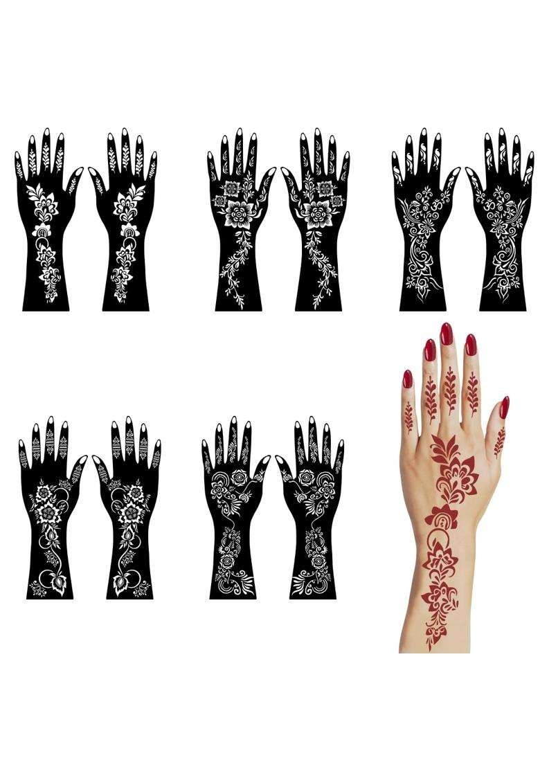 Voorkoms Full Design Combo Mehndi Stencil Sticker Kit with Wrist Palm and Finger - Indya
