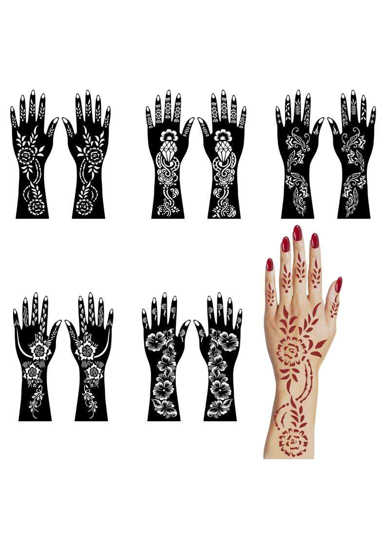 Vanvati Combo Mehndi Stencil Sticker Kit for Both Hands Finger and Palm Patterns - Indya