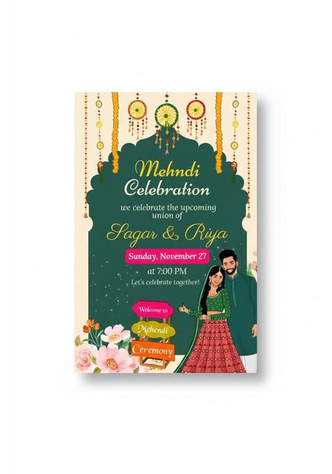 Paperoni Customized 9x6 Mehndi Invitation Card Royal Emerald Theme with Couple Illustration