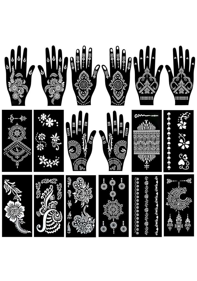 Padoun 18 Sheets Henna Tattoo Stencils Kits Henna Stencils for Hand Forearm Glitter Airbrush DIY and Temporary - Indya