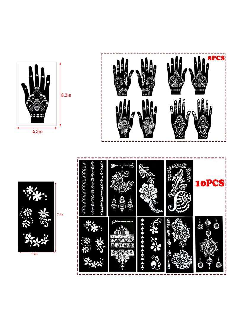 Padoun 18 Sheets Henna Tattoo Stencils Kits Henna Stencils for Hand Forearm Glitter Airbrush DIY and Temporary - Indya