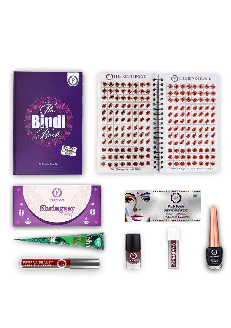 Perpaa Maroon Shringaar Kit with Signature Stone Shapes Bindi Book - Indya