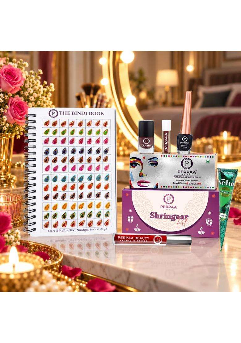 Perpaa Maroon Shringaar Kit with Signature Stone Shapes Bindi Book - Indya