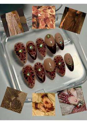 Mehndi Inspired Press on Nails Maroon Nude Gold Medium Almond