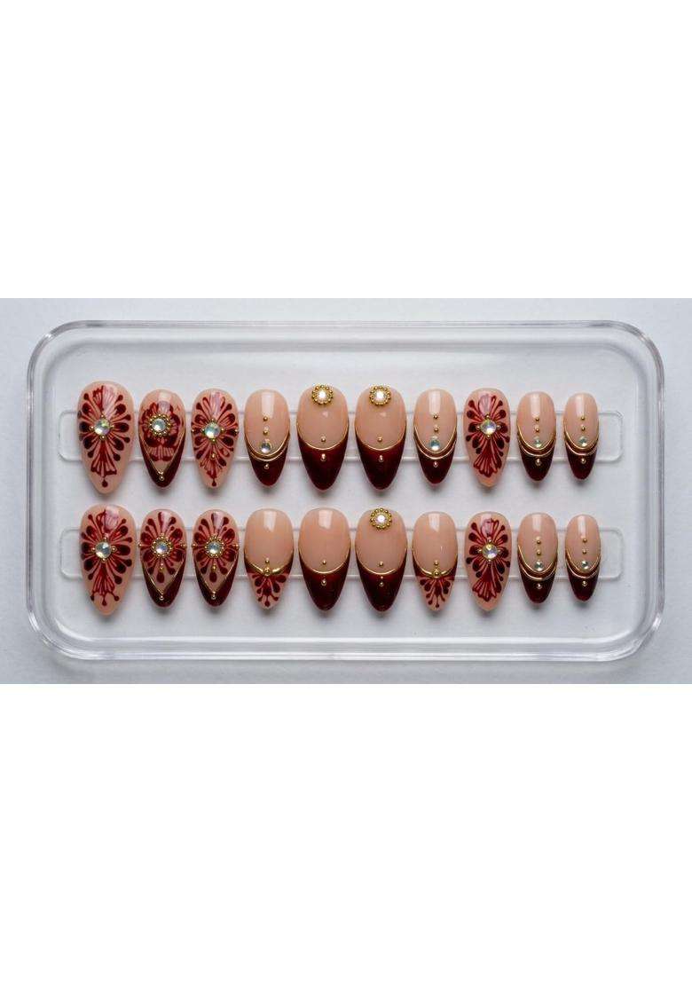 Mehndi Inspired Press on Nails Maroon Nude Gold Medium Almond - Indya
