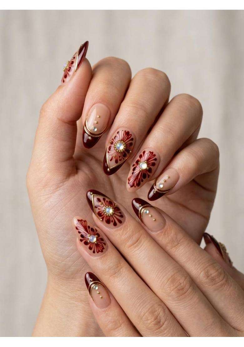 Mehndi Inspired Press on Nails Maroon Nude Gold Medium Almond - Indya