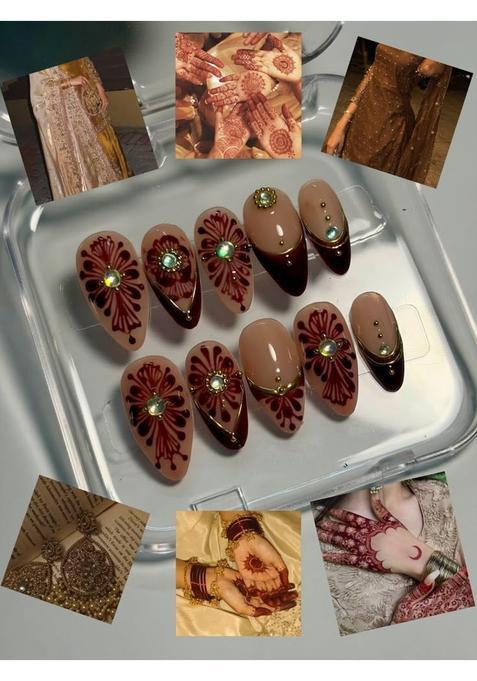 Mehndi Inspired Press on Nails Maroon Nude Gold Medium Almond