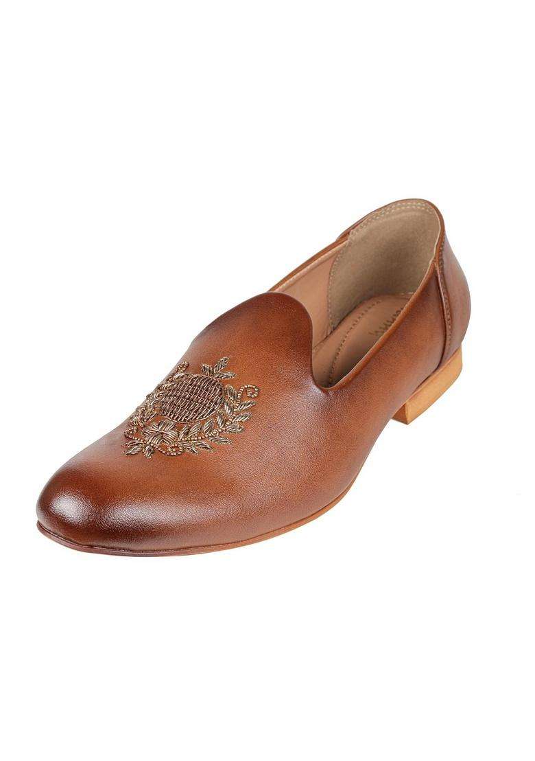 Tanny Shoes Mens Vegan Leather Brown Zardory Embroidery Ethnic Shoe for Wedding - Indya