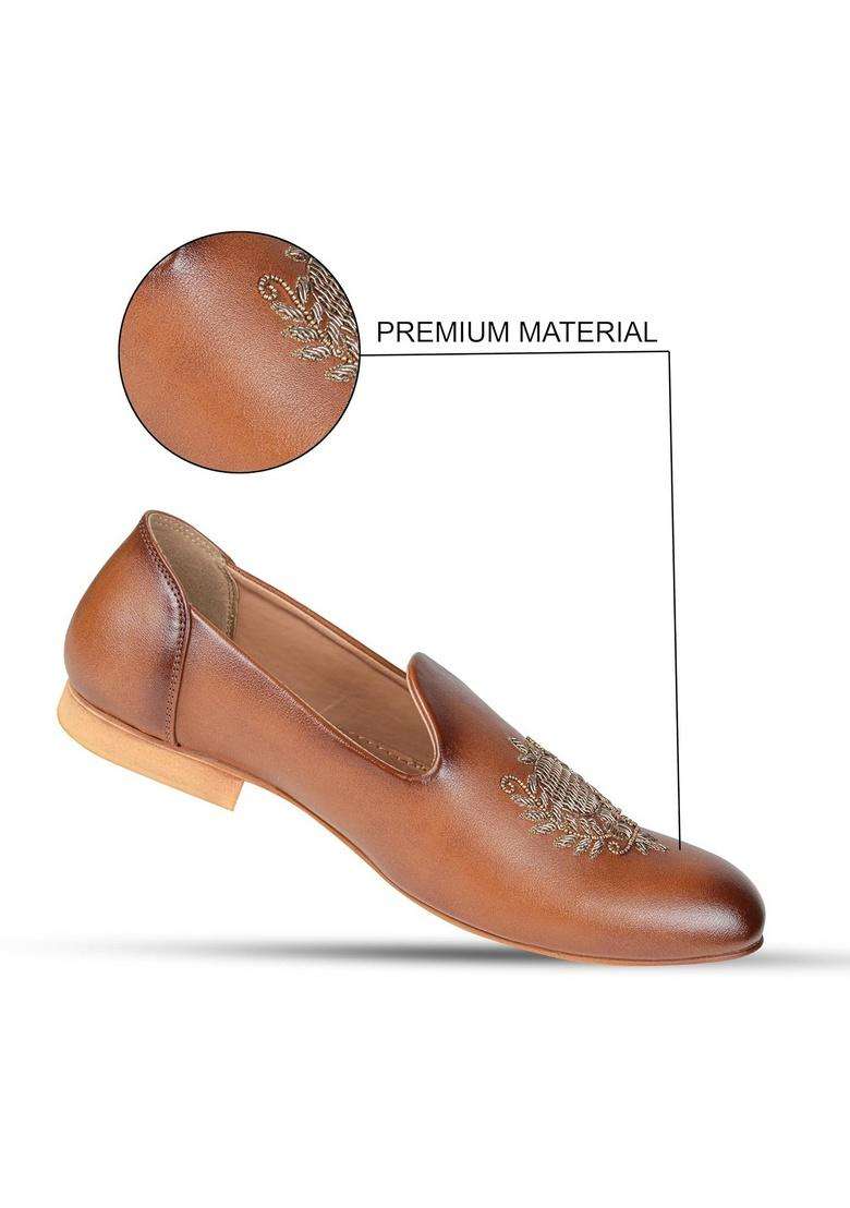 Tanny Shoes Mens Vegan Leather Brown Zardory Embroidery Ethnic Shoe for Wedding - Indya