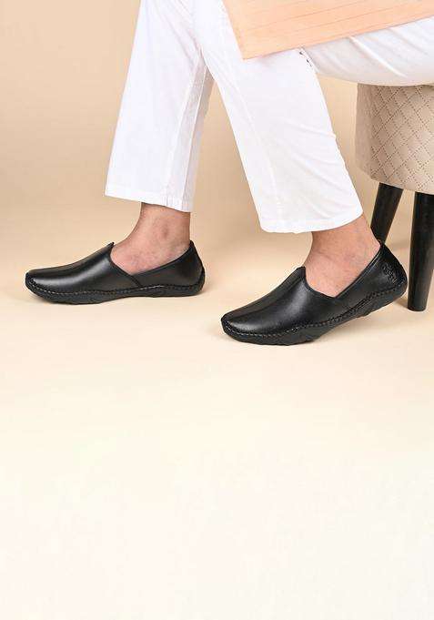 Louis Stitch Black Mens Ethnic Slip on Mojaris Genuine Leather Flexible Stylish Nagra Juti for Men