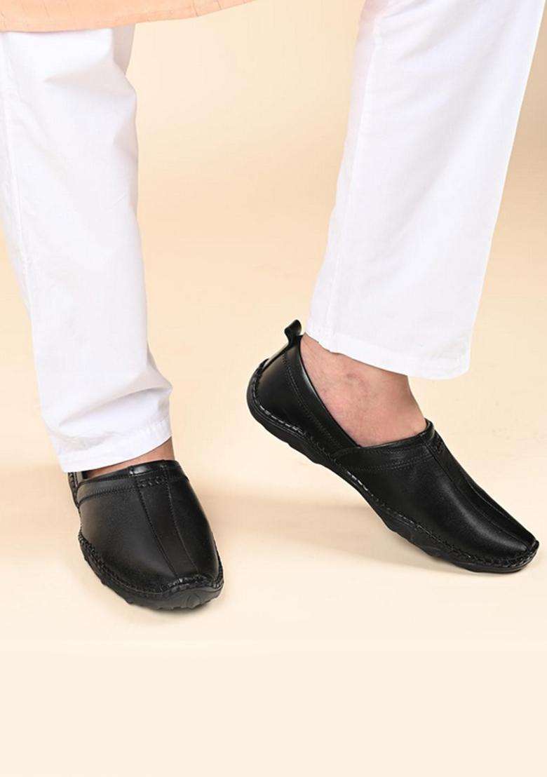 Louis Stitch Black Mens Ethnic Slip on Mojaris Genuine Leather Stylish Nagra Juti for Men - Indya