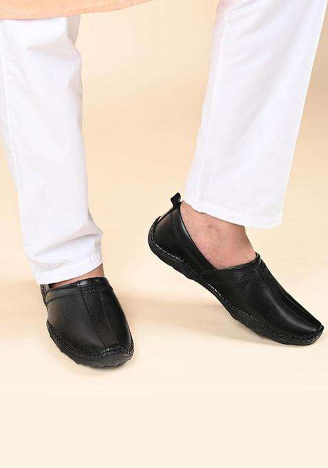 Louis Stitch Black Mens Ethnic Slip on Mojaris Genuine Leather Stylish Nagra Juti for Men