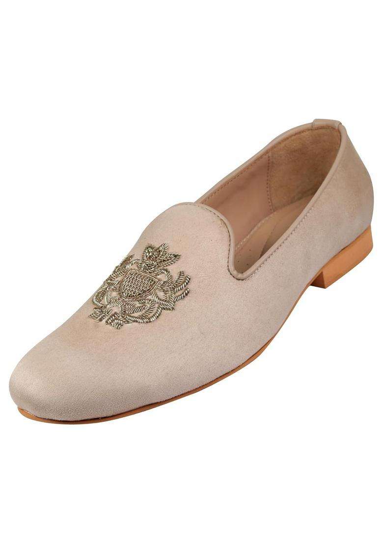 Tanny Shoes Mens Beige Colour Suede Embroidered Pattern Juttis for Wedding - Indya