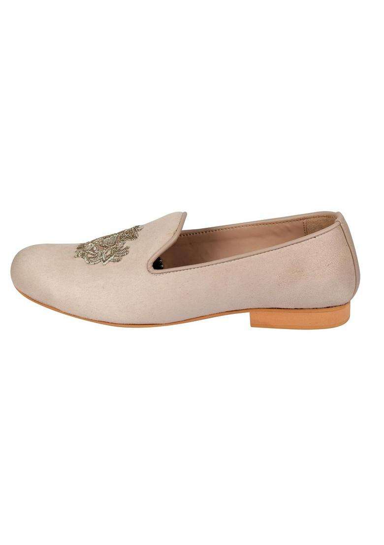 Tanny Shoes Mens Beige Colour Suede Embroidered Pattern Juttis for Wedding - Indya
