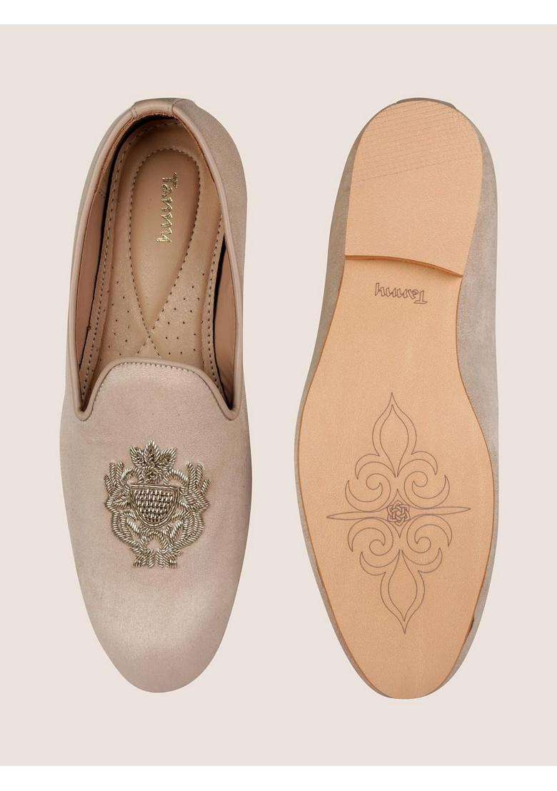 Tanny Shoes Mens Beige Colour Suede Embroidered Pattern Juttis for Wedding - Indya